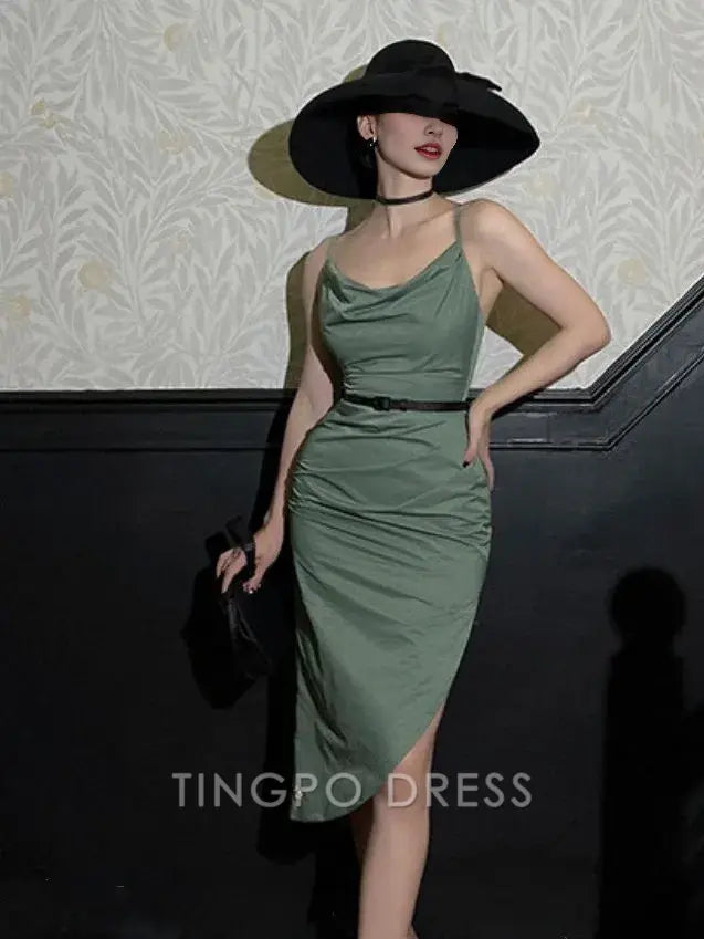TingPo Wholesale Elegant Cowl Neckline Side Thigh-high Slit Green Vintage Slip Dress